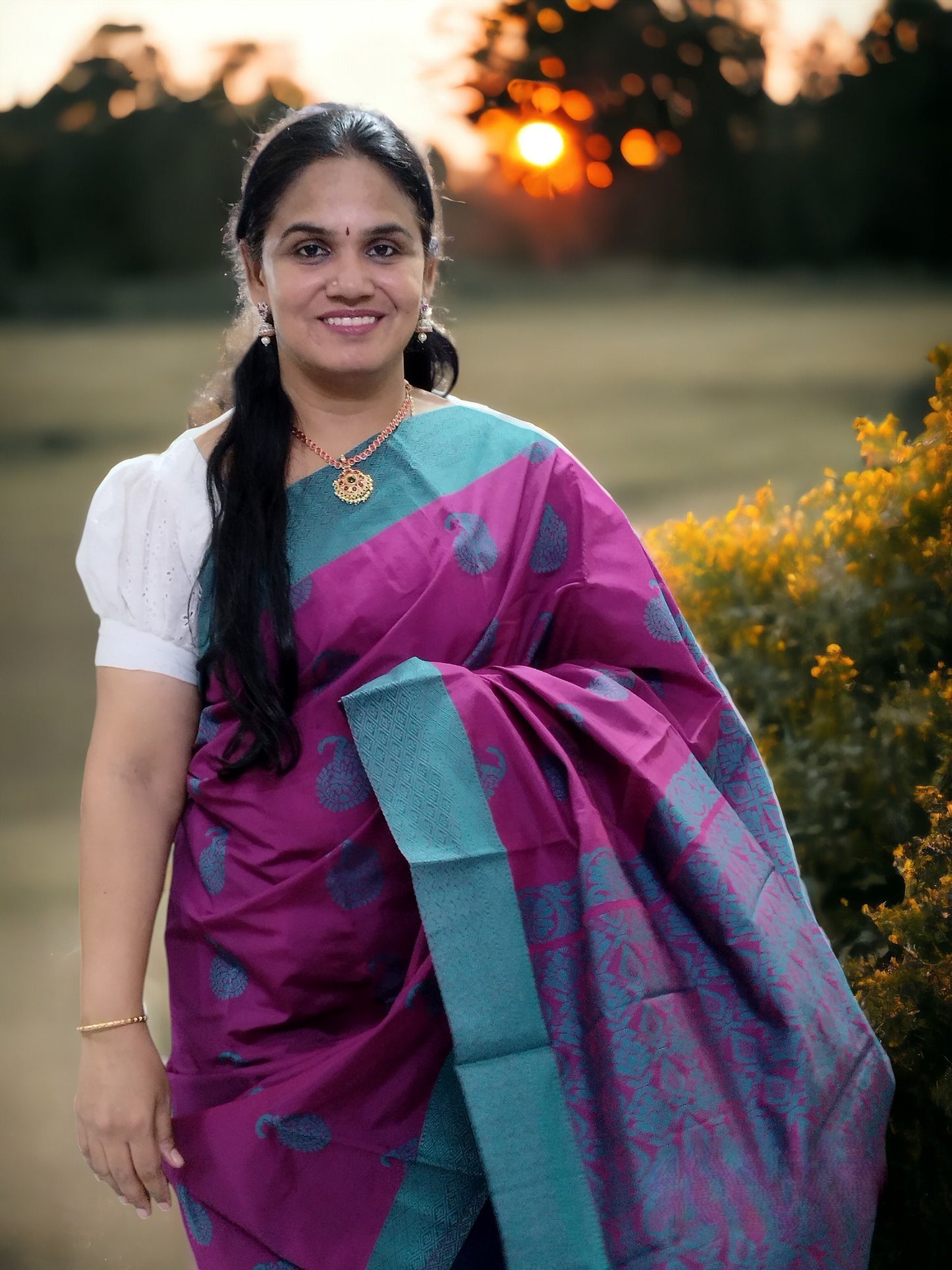 Dark purple with teal blue contrast border kanchi cotton saree