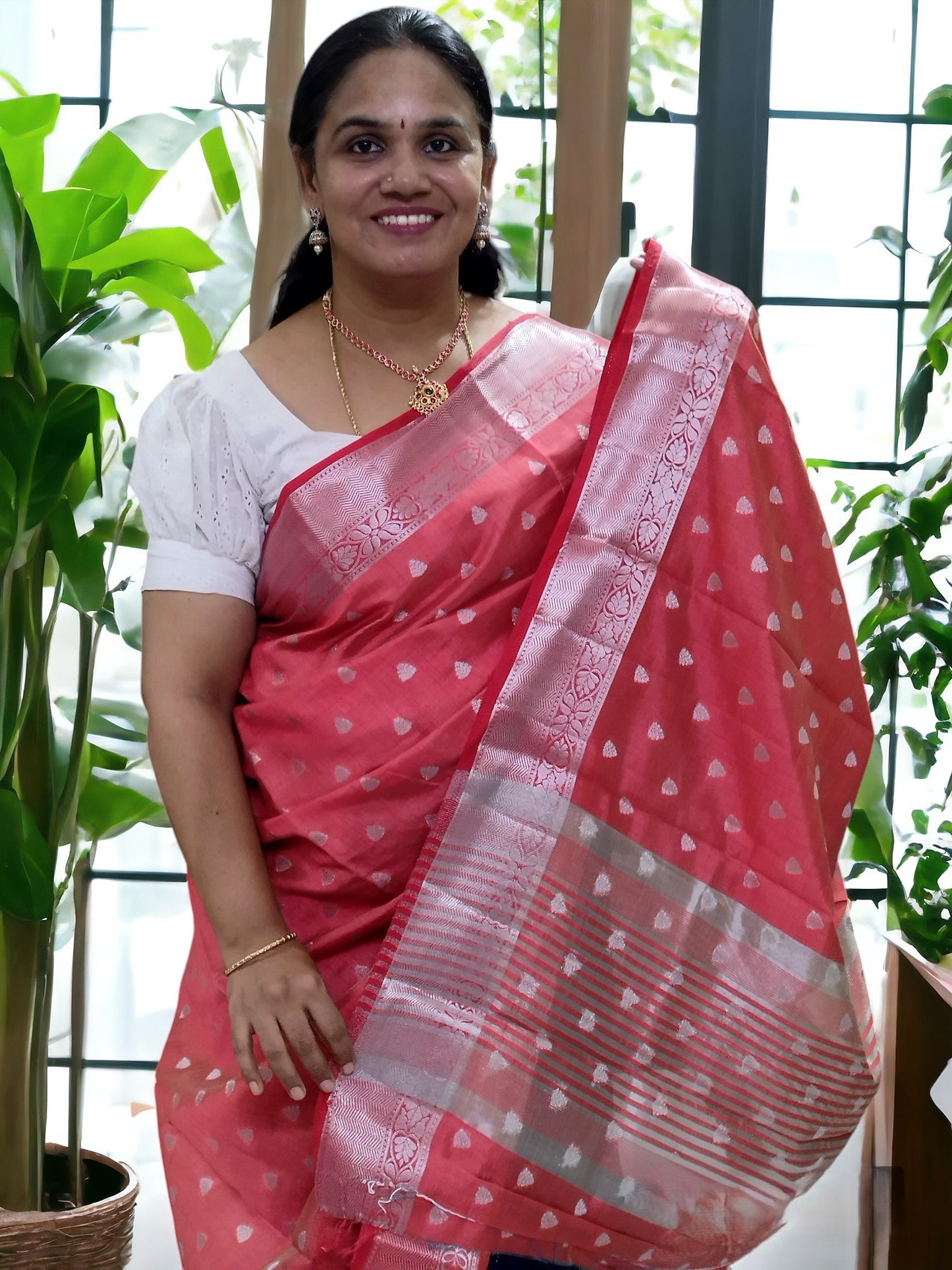 Orange with silver zari semi tussar silk saree