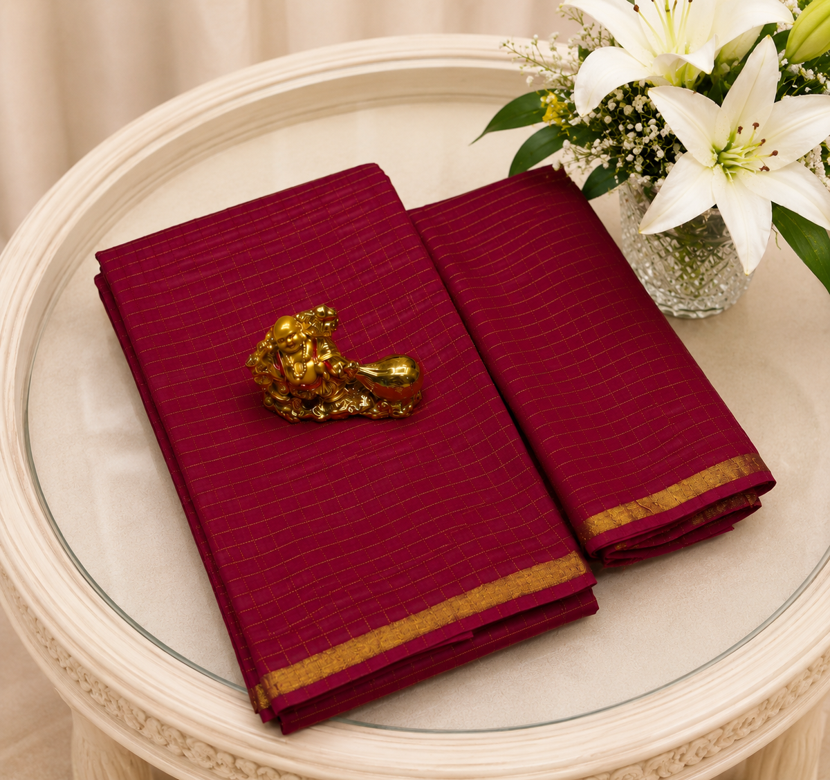 Brick Red Gold Zari Checks & Border Sungudi Saree
