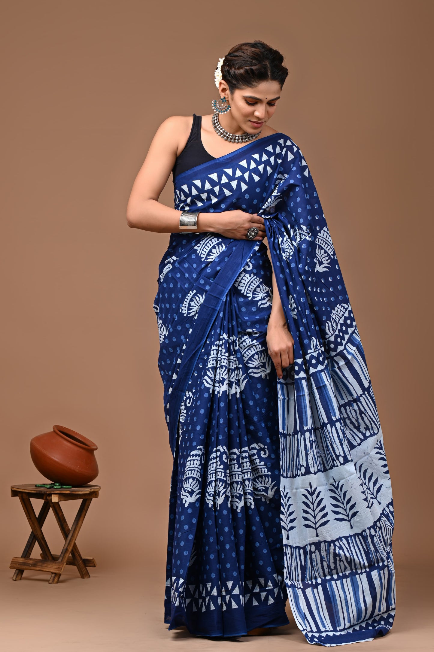 Indigo mul printed cotton saree