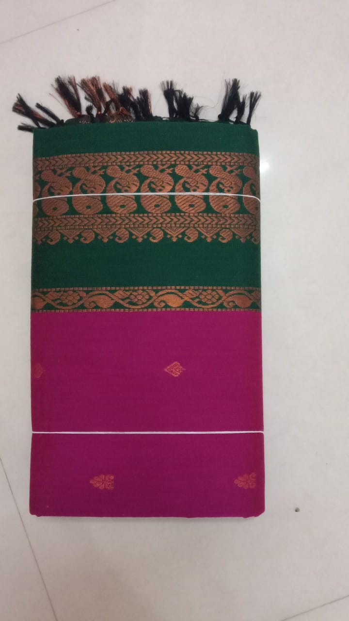 Rani pink with green border kalyani cotton saree