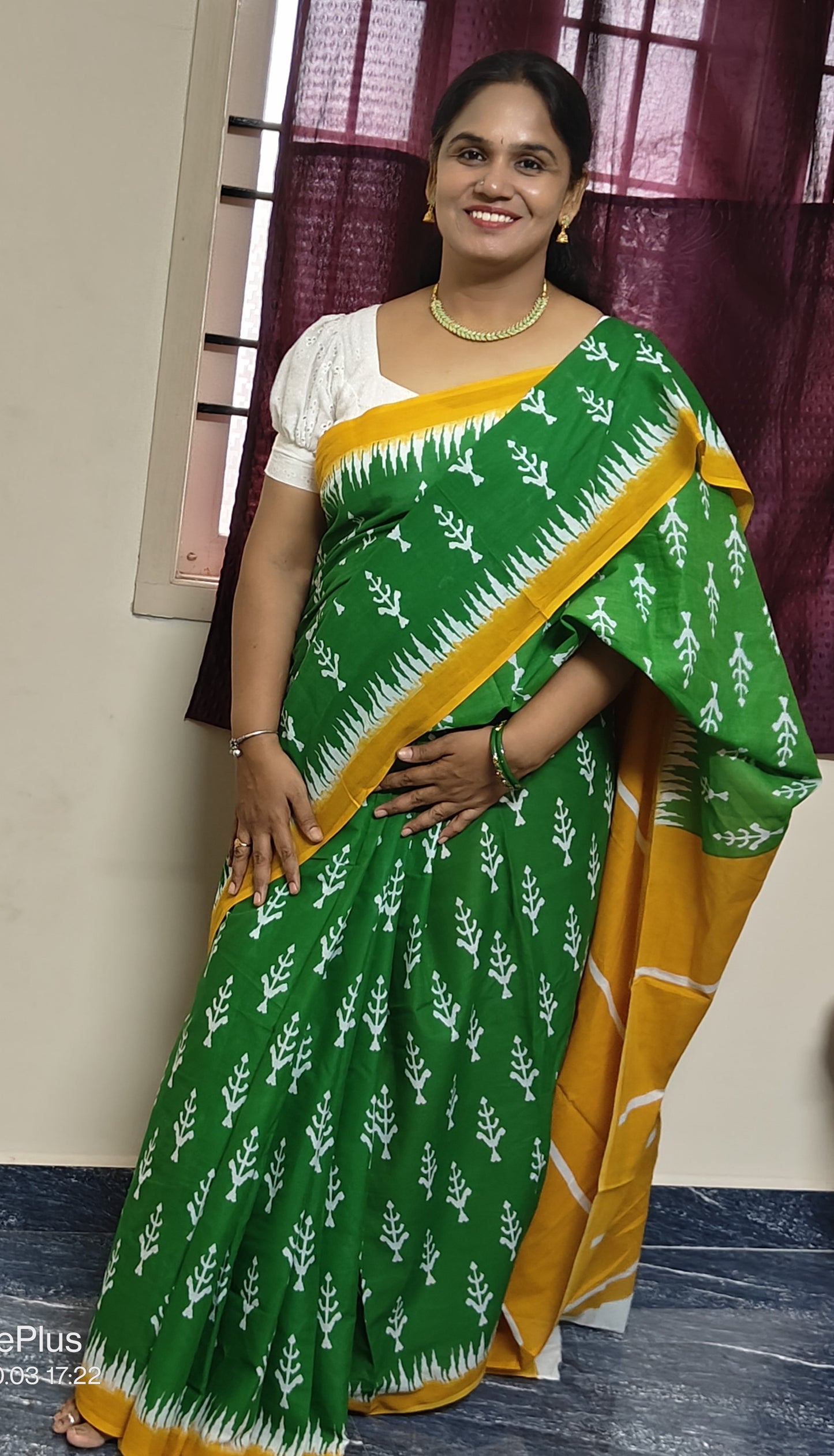 parrot green with yellow border mul mul cotton saree