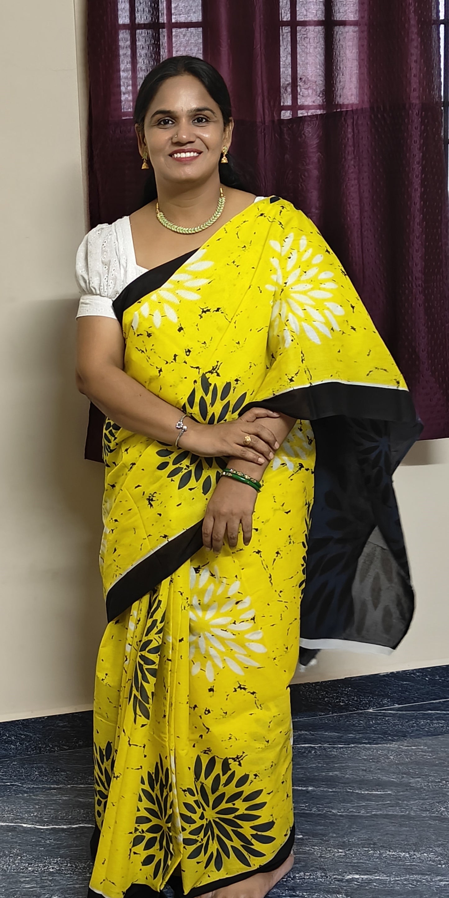 Yellow and grey block printed mul cotton saree