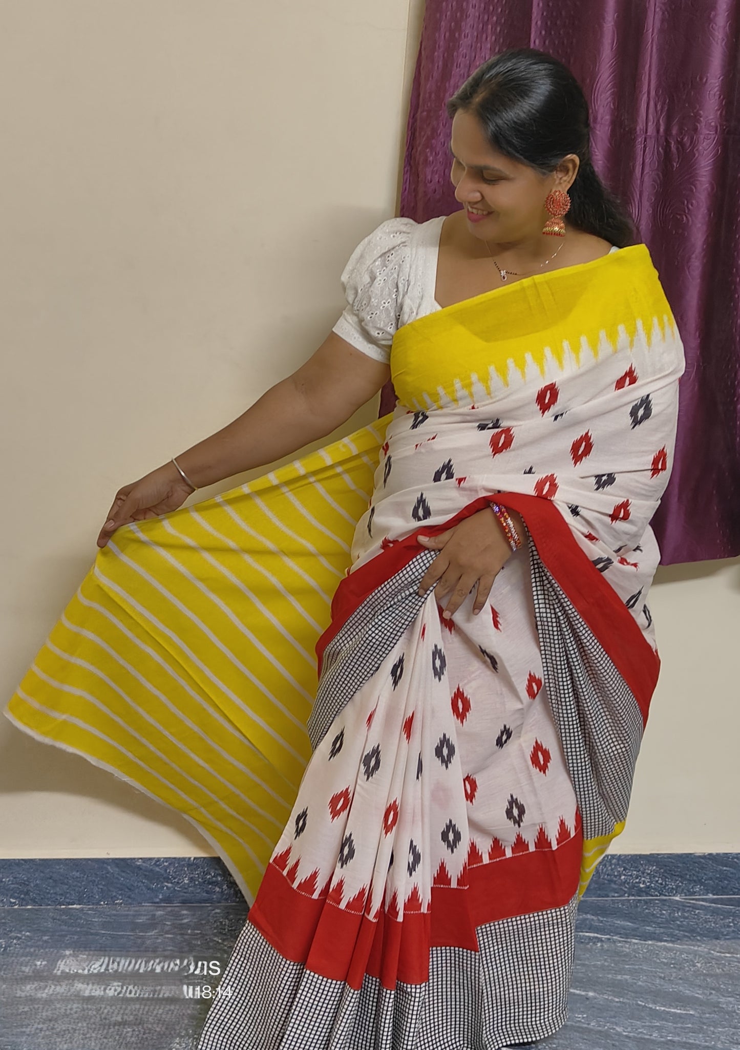 White, Yellow and Red mul mul cotton saree