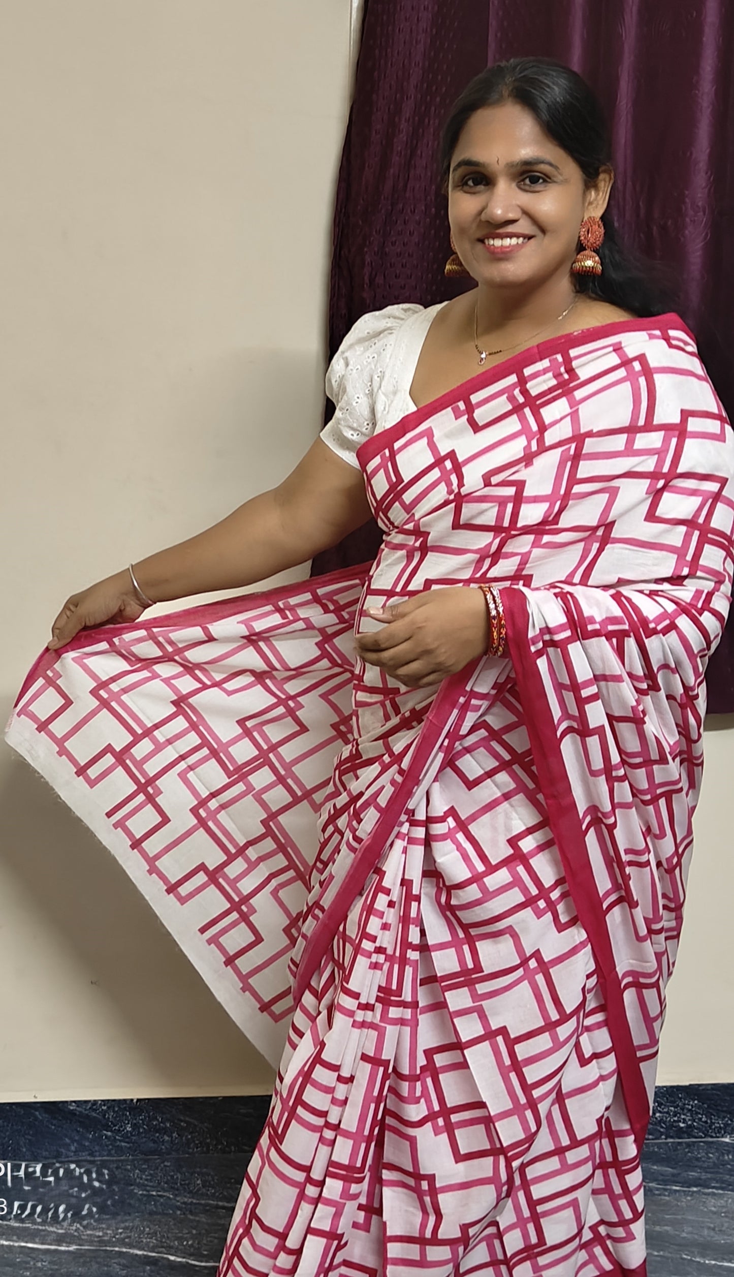 White with Red checked Mul mul cotton saree
