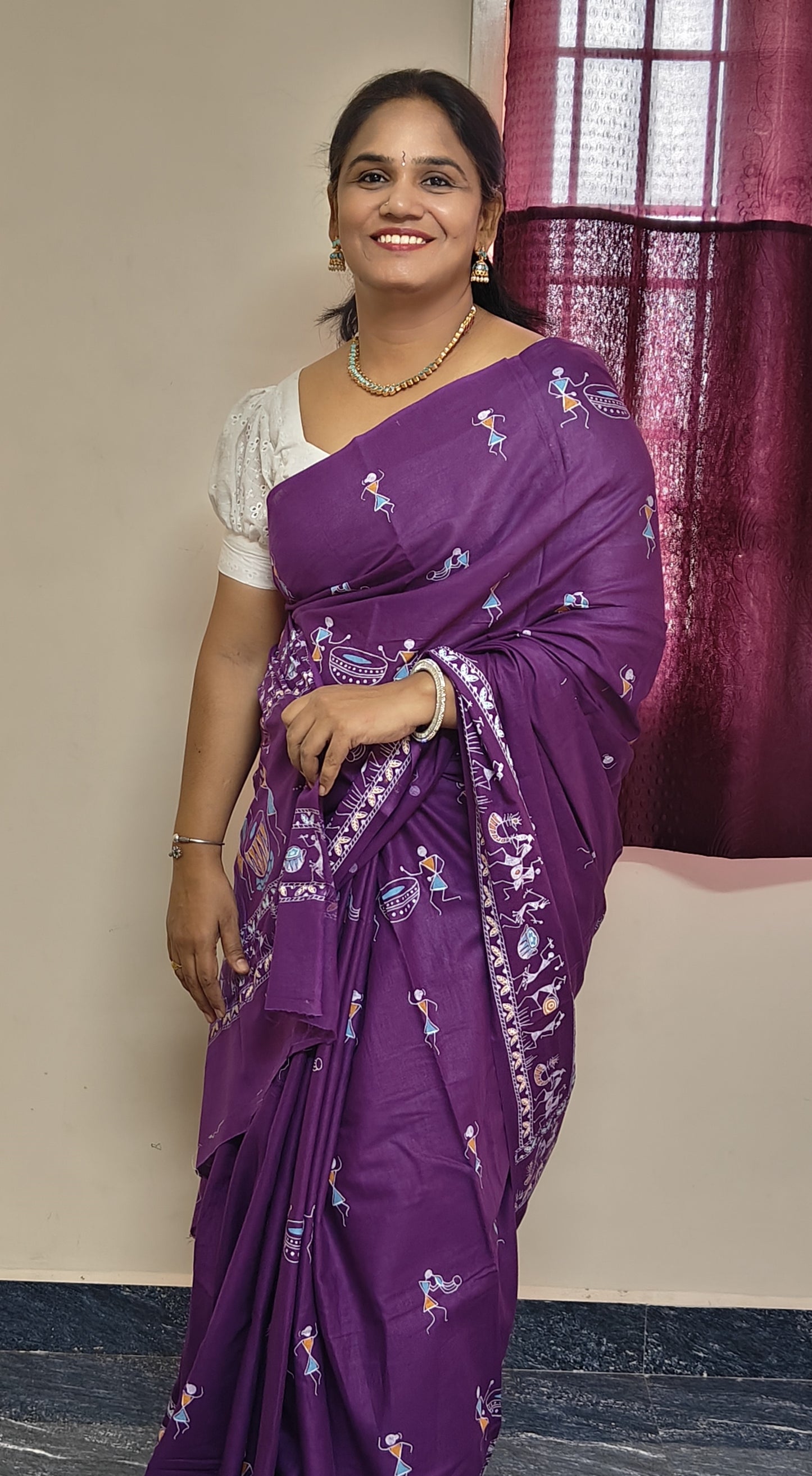 Purple with Varli printed mul cotton saree