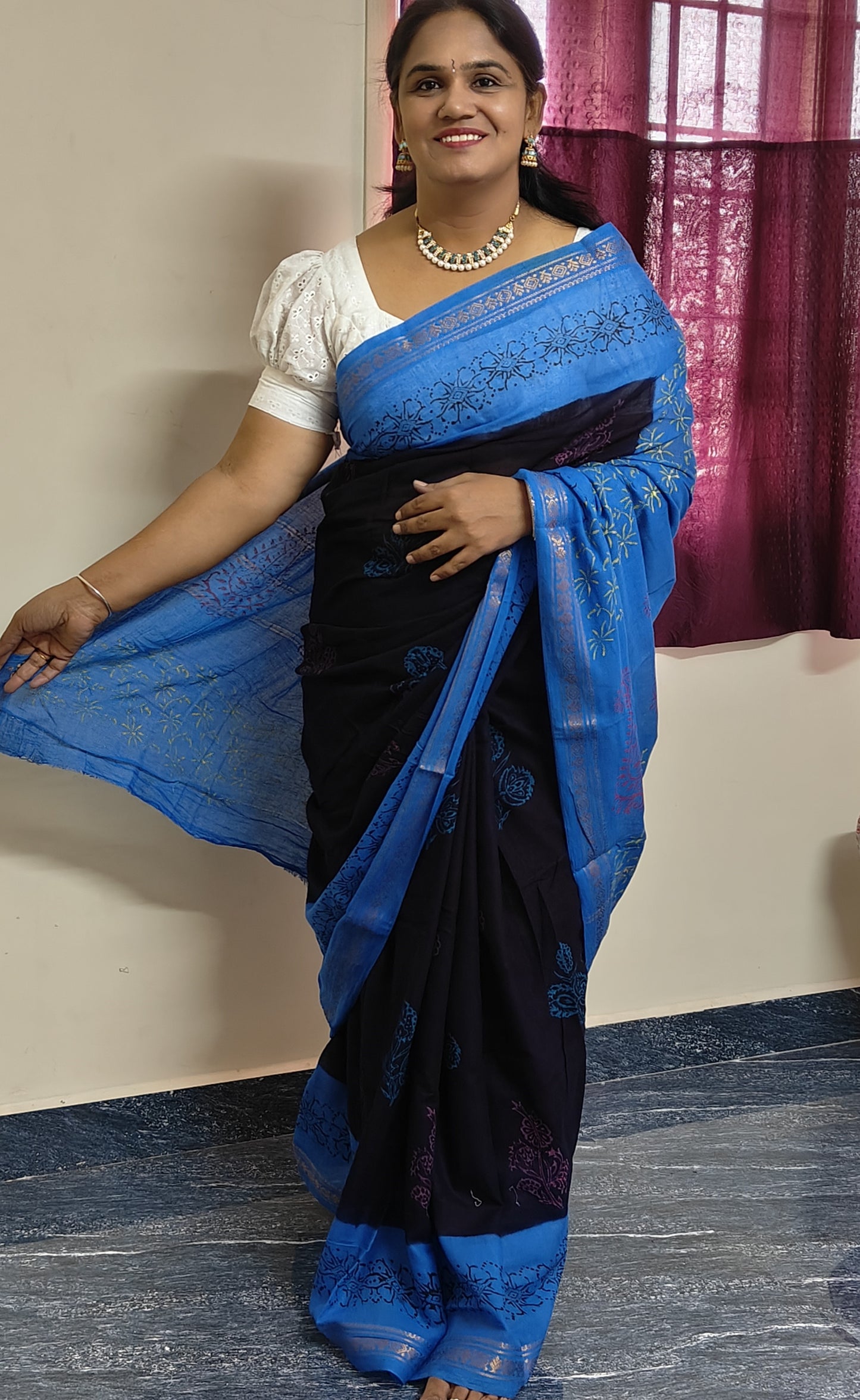 Black Sky blue border and thin zari mul cotton saree