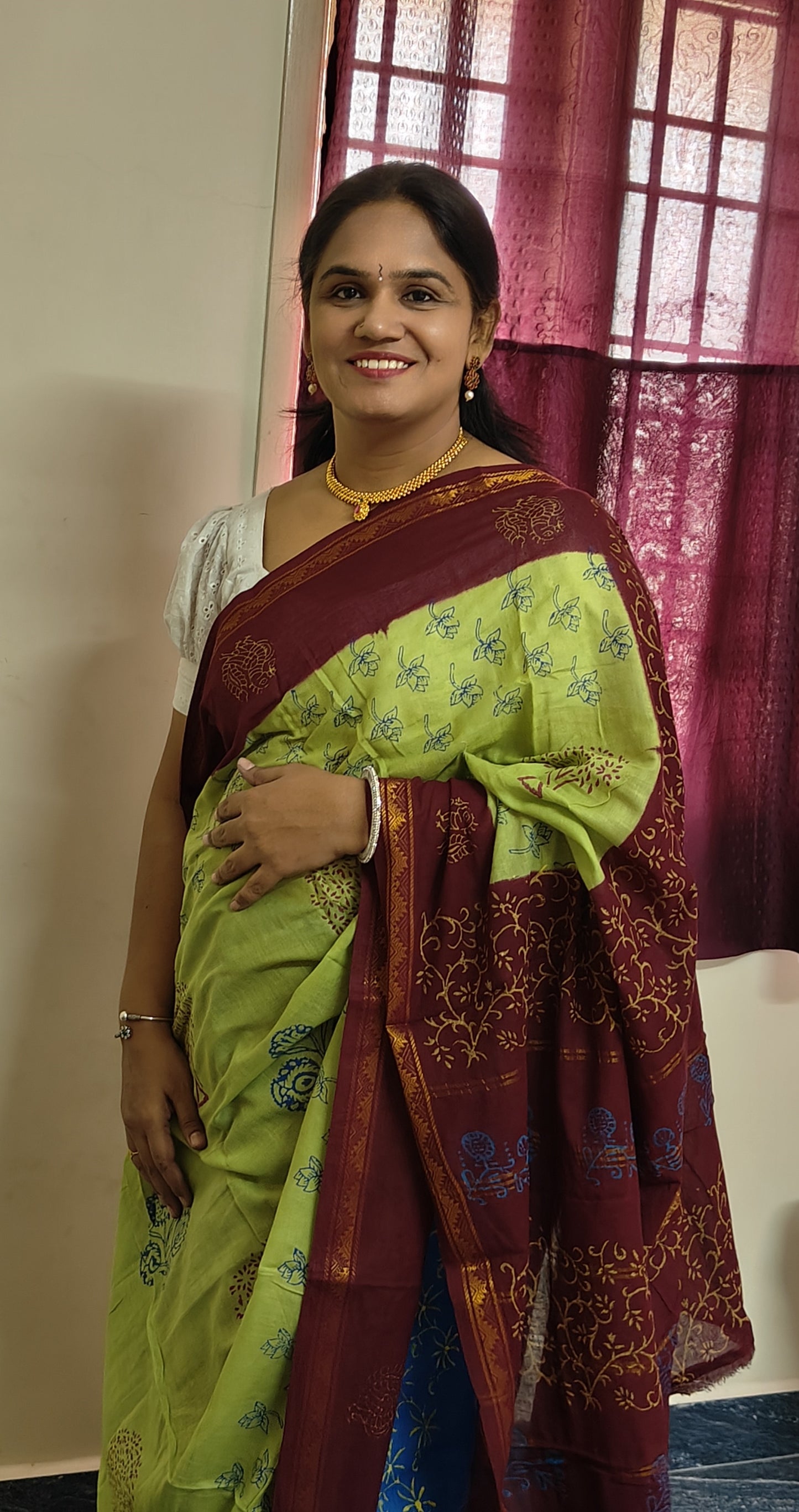 Green and Brown mul mul zari cotton saree