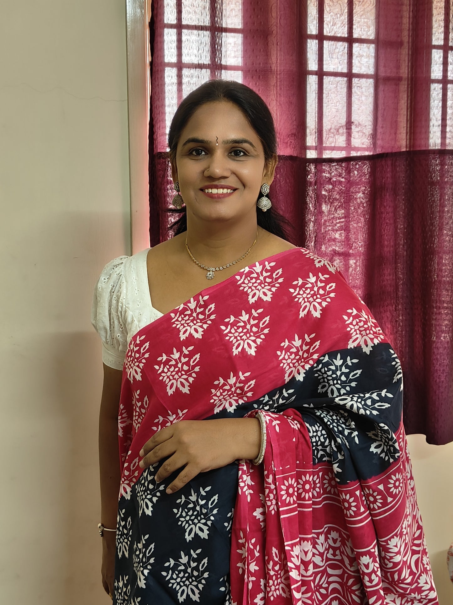 Navy blue with pink printed mul mul cotton saree
