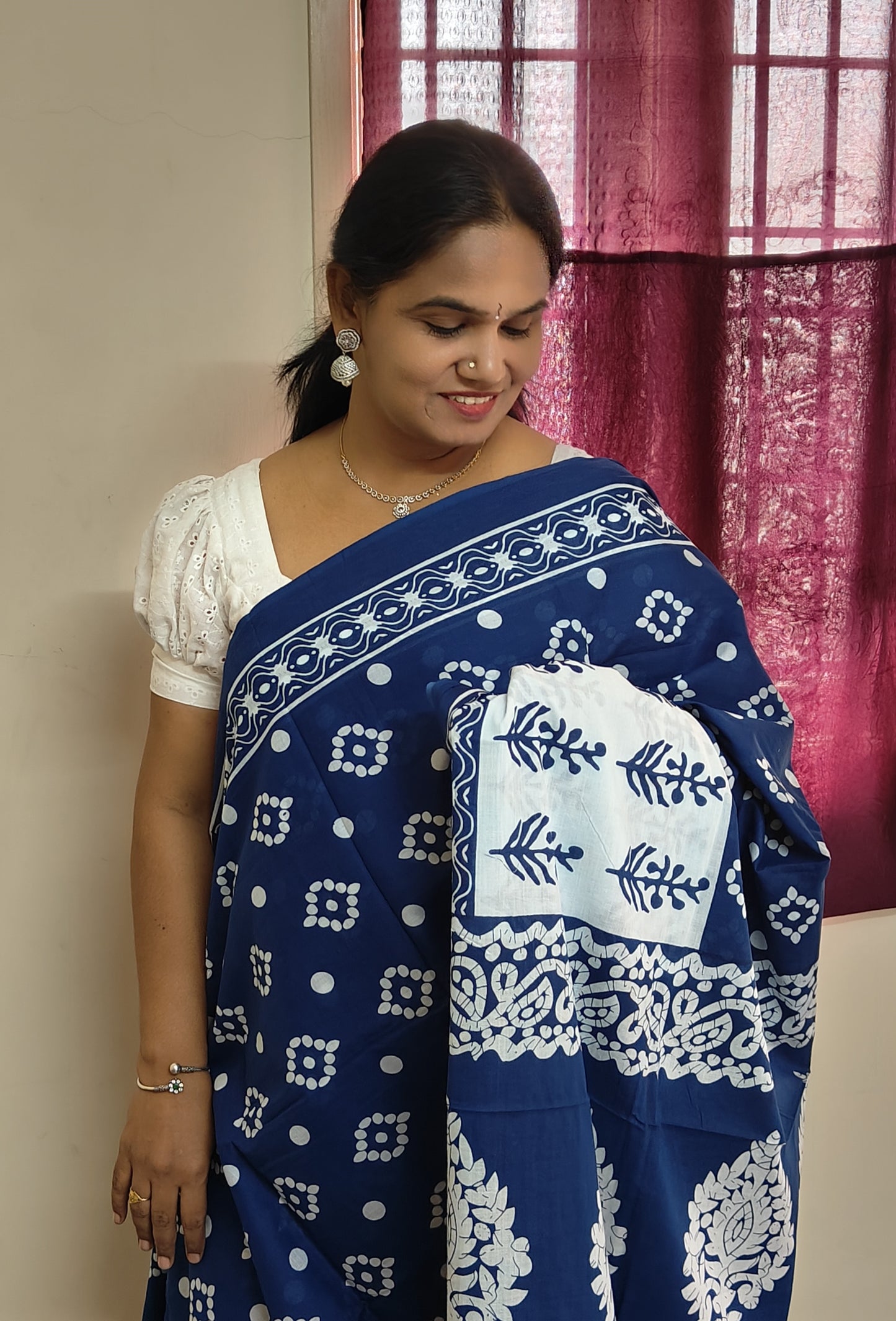 Navy blue with white mul mul printed cotton saree