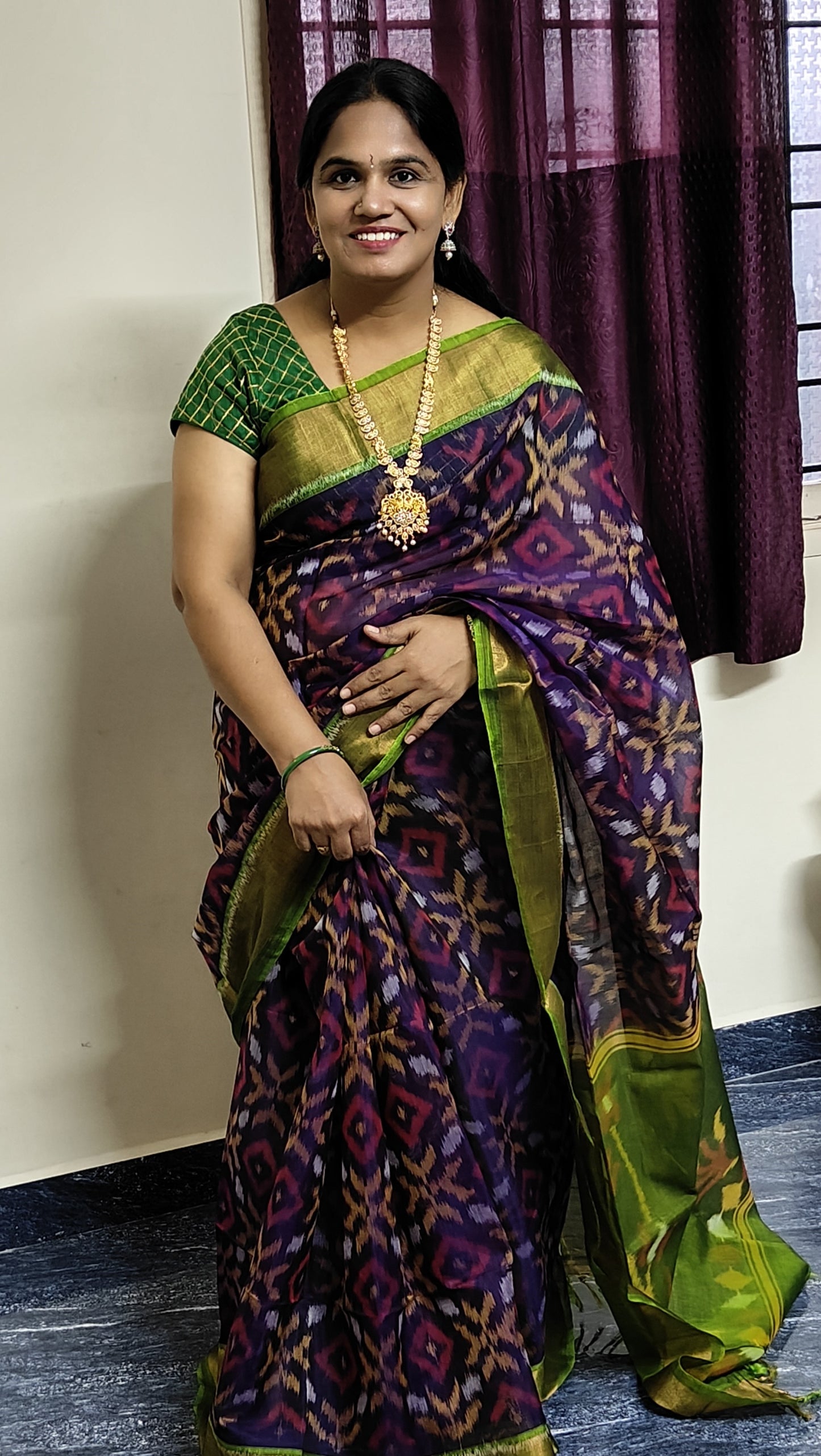 Violet with Green border pure IKKAT silk cotton saree