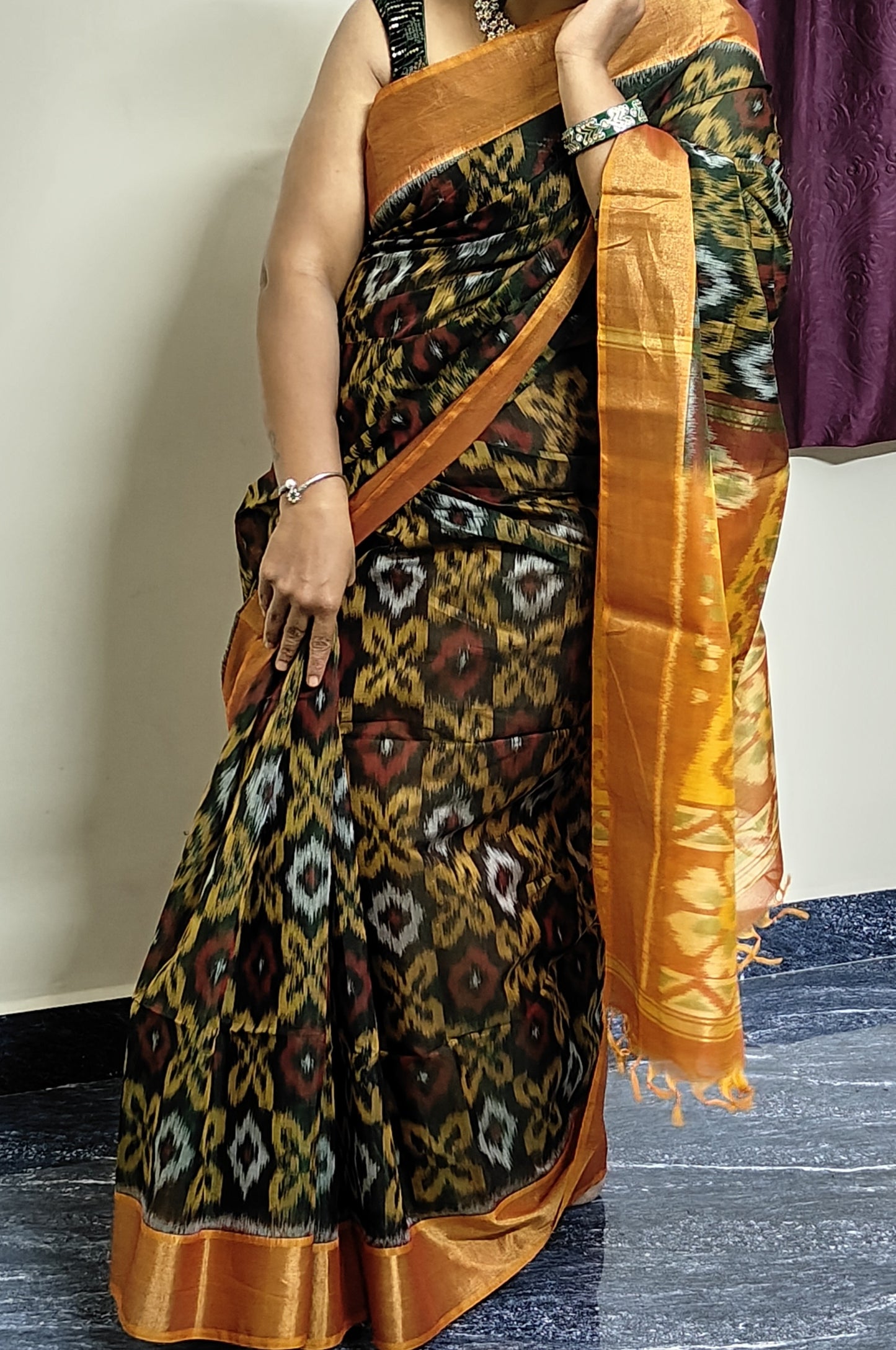 Dark green with yellow border IKKAT pure silk cotton saree