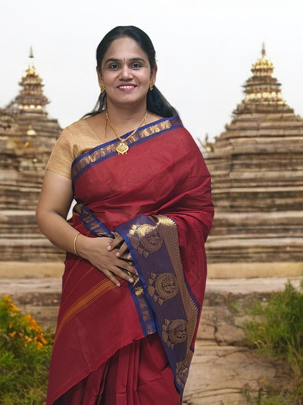 Marroon and blue zari border chettinad cotton