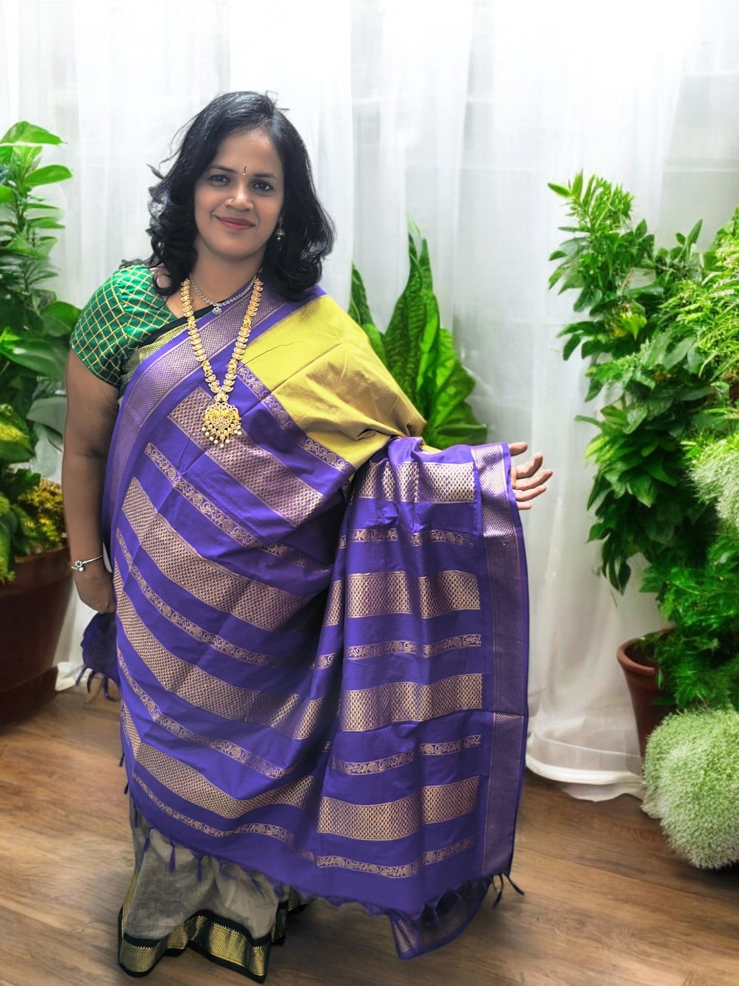 Lemon yellow with violet border kalyani cotton saree