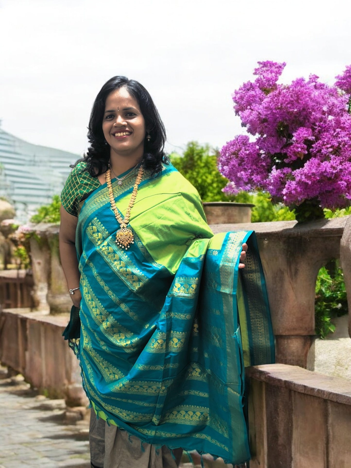 Light green with teal green border kalyani cotton saree
