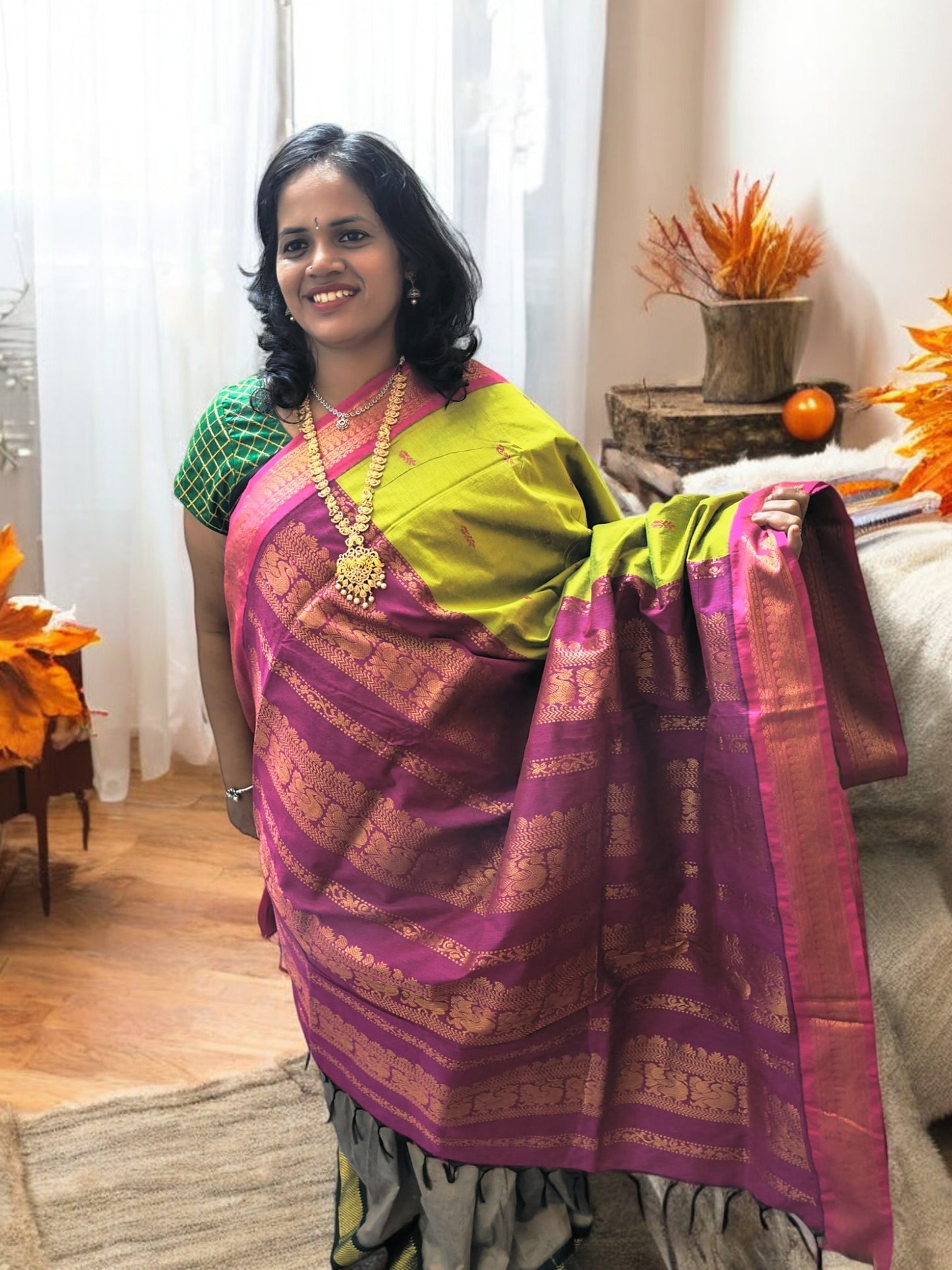 Lemon green with rani Pink border kalyani cotton saree