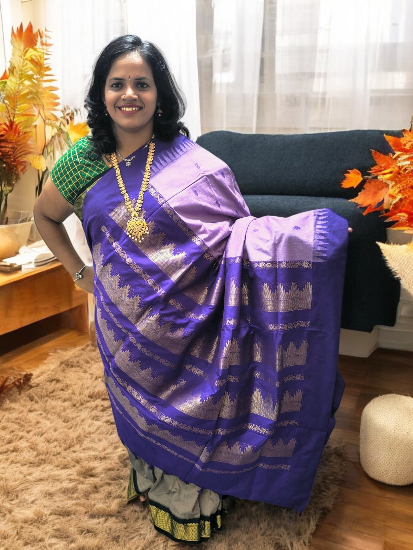 Purple temple design kalyani cotton saree