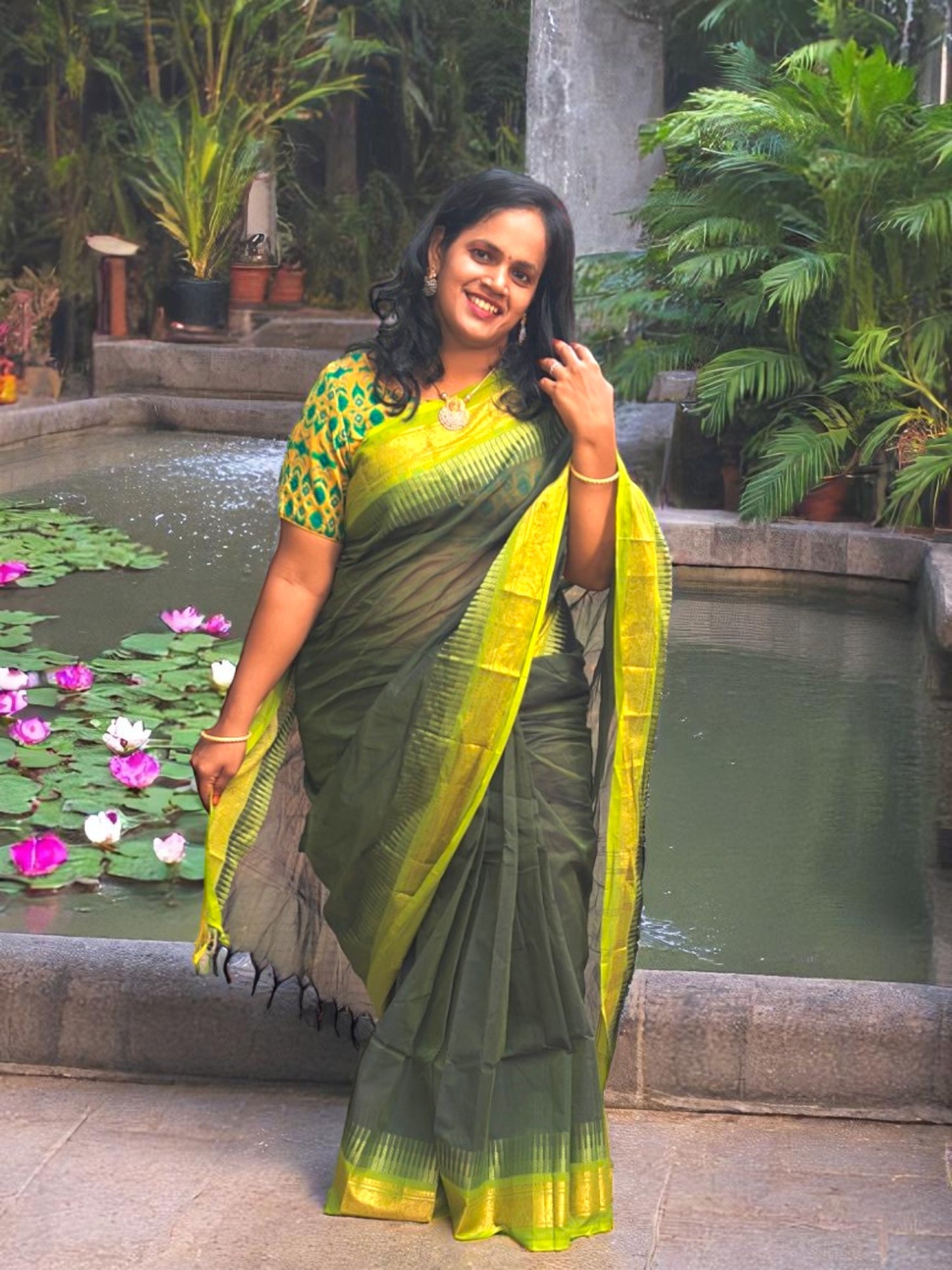 Dark green with light green zari border chettinad cotton saree