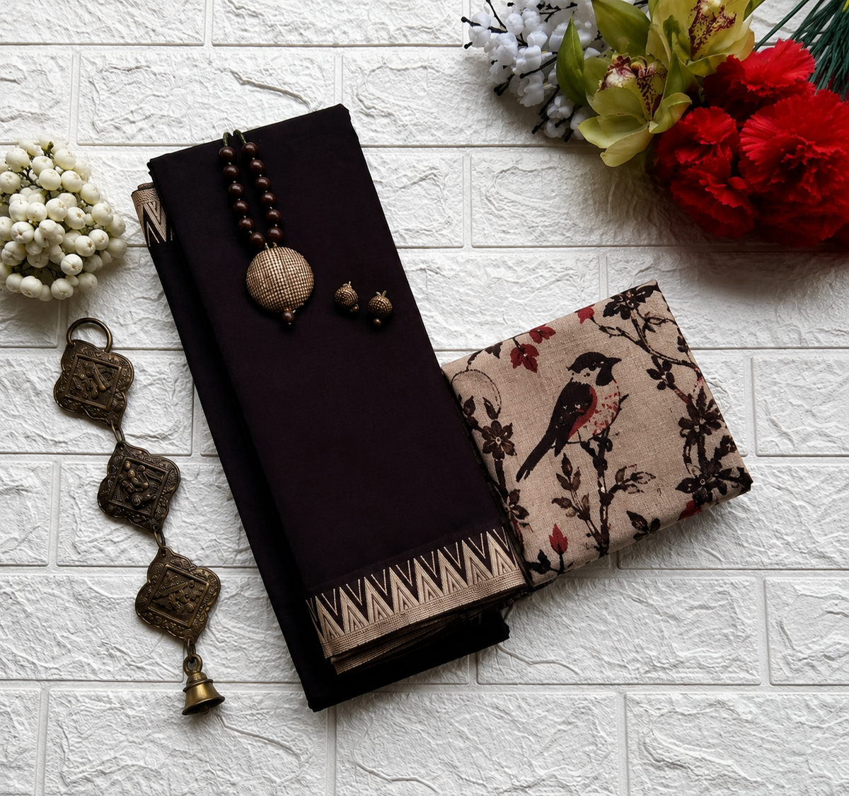 Deep brown Narayanpet cotton saree