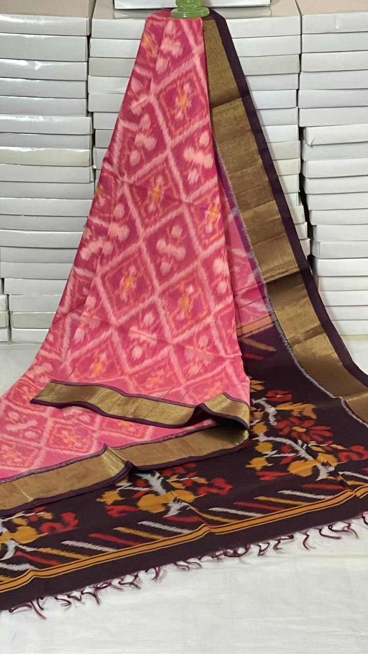 Light pink with maroon border IKKAT pure silk cotton saree