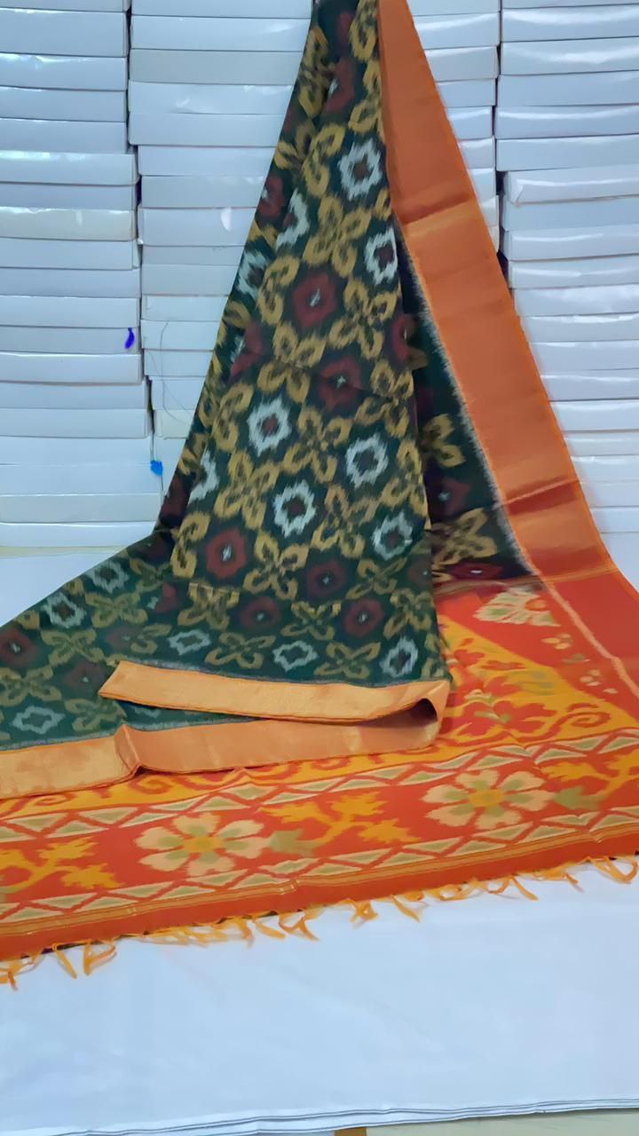 Dark green with yellow border IKKAT pure silk cotton saree