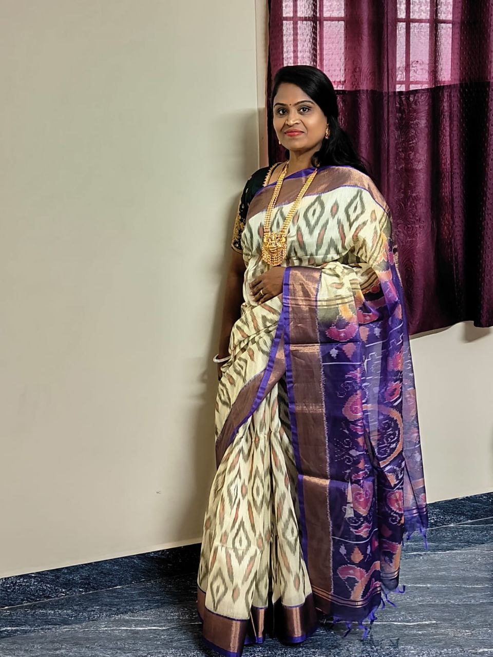 Half white with violet border IKKAT silk cotton saree