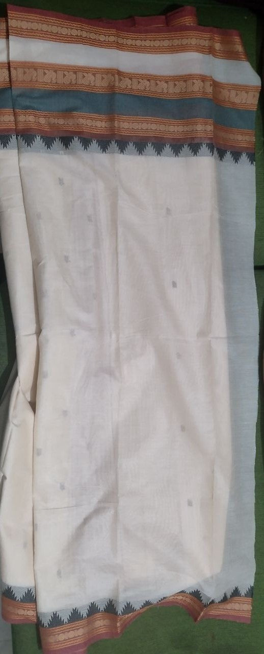 Half white Kanchi cotton with zari rettaa patta border