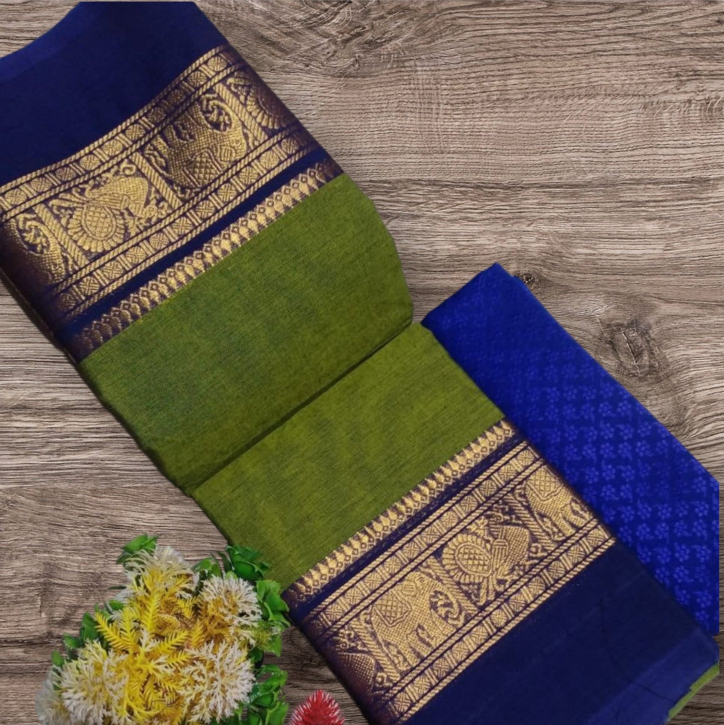 light green with ink blue zari border Chettinad cotton saree