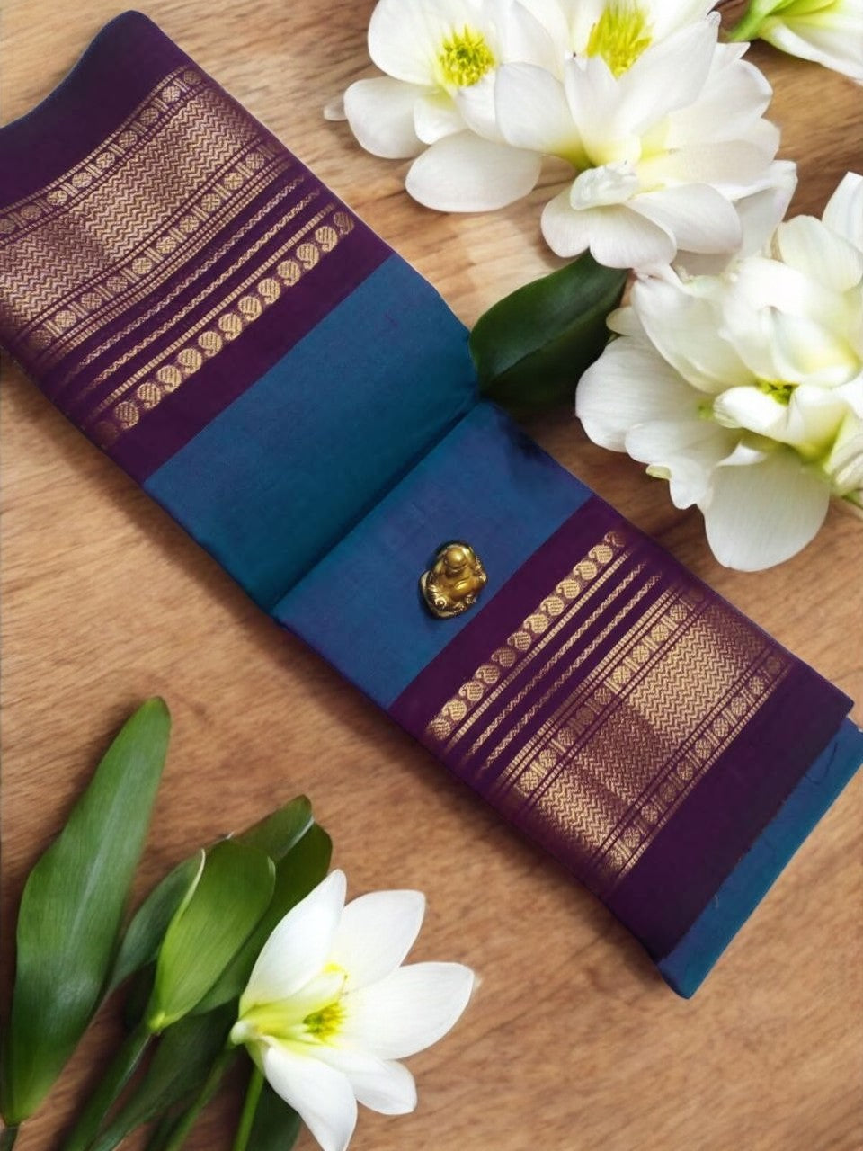 Teal blue with maroon zari chettinad cotton