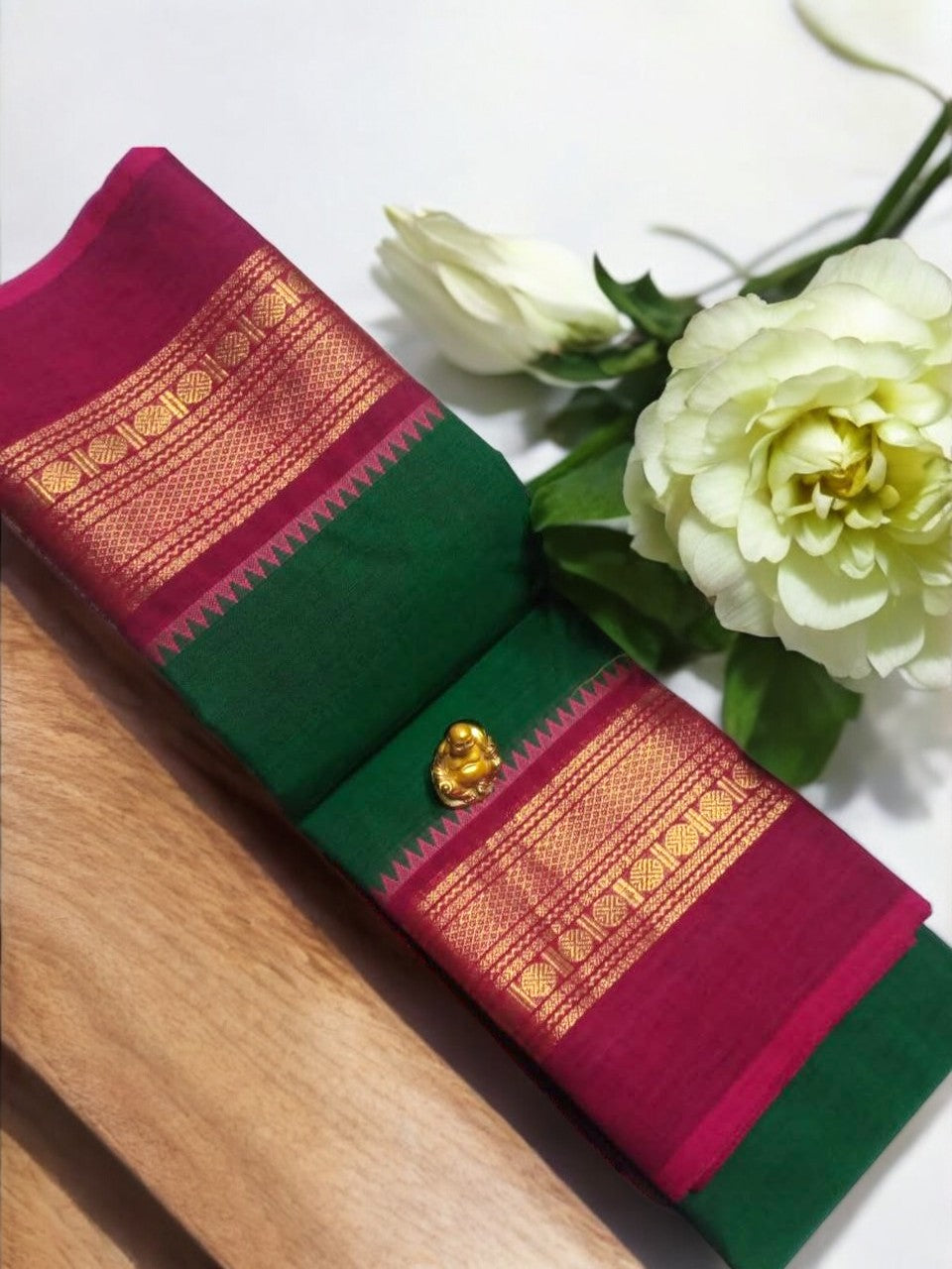 Bottle green with pink Zari border chettinad cotton