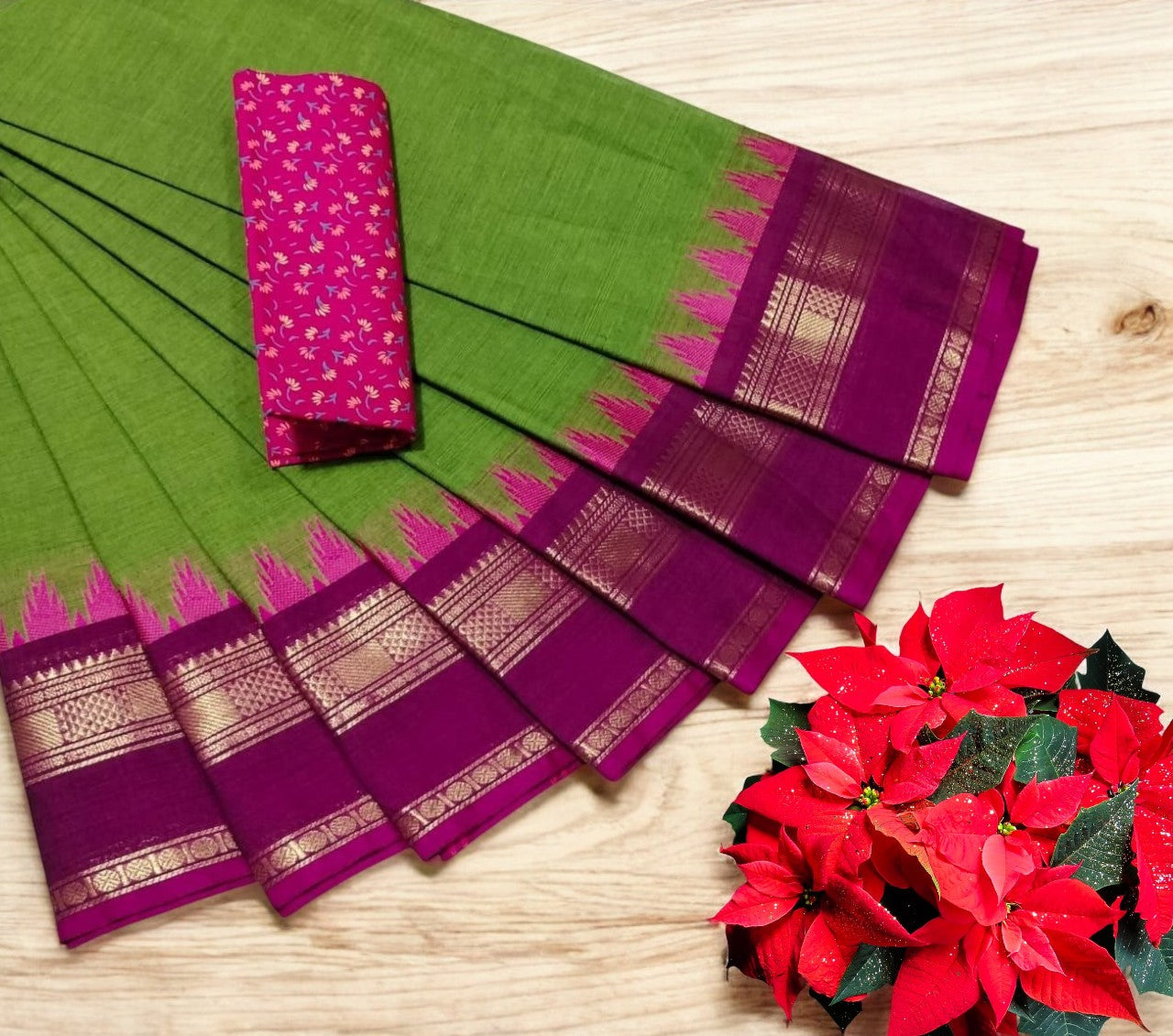 Leaf green and pink zari border
Chettinad cotton saree with temple border design
