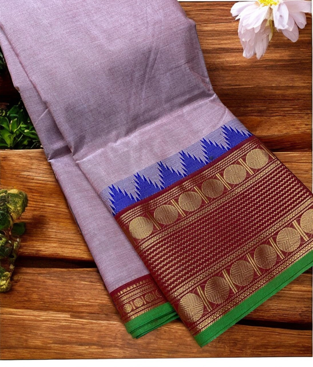 Lavendar with maroon rudraksha border chettinad cotton