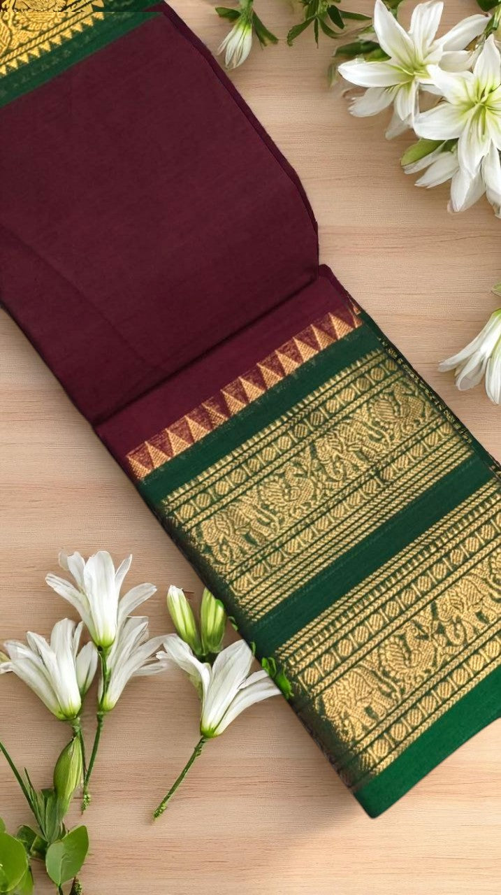 Maroon and Bottle green big border chettinad cotton saree