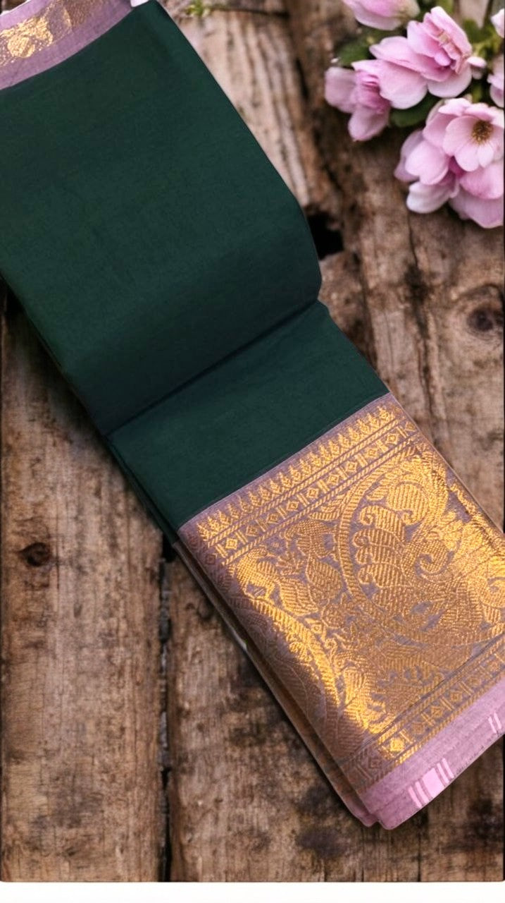 Bottle Green with baby pink big zari border Chettinad cotton