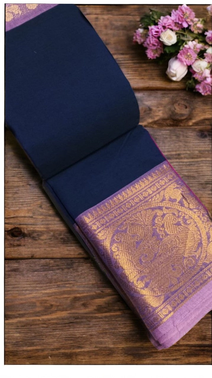 Navy blue with Baby pink big Zari border chetinad cotton