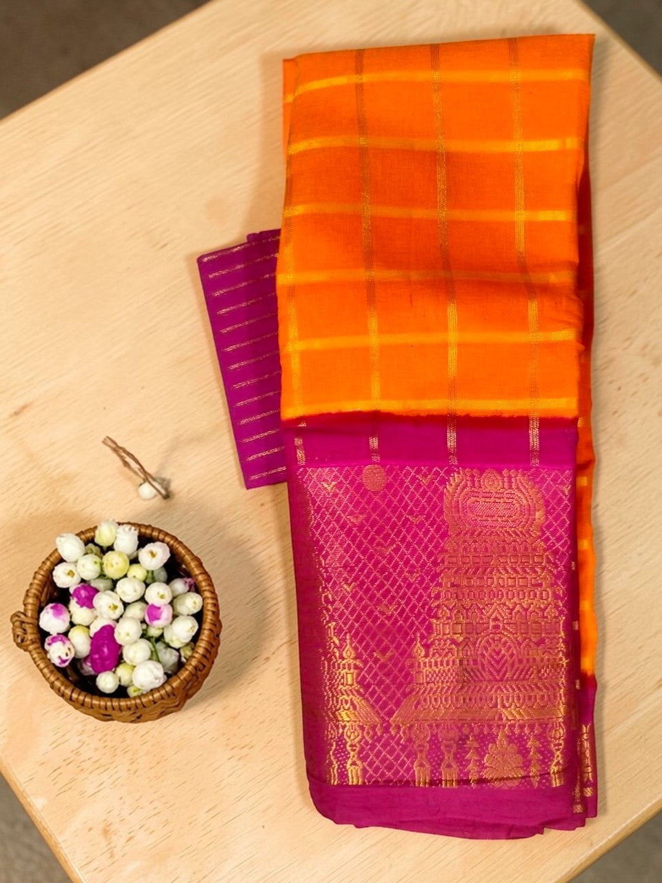 orange with pink Temple Gopuram zari border sungudi cotton saree