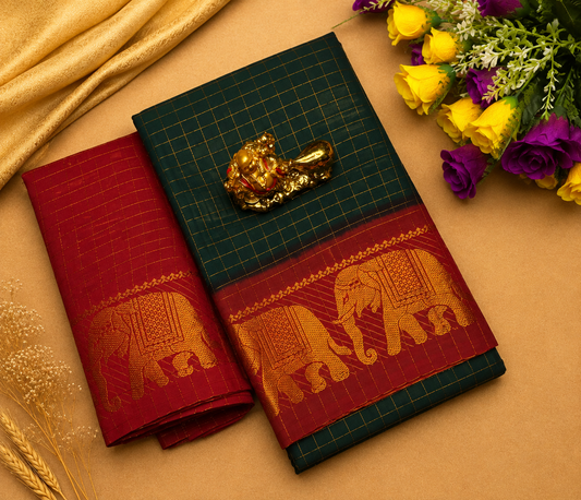 Bottle green with red elephant border sungudi saree
