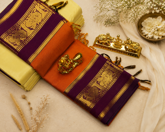 Rust Orange with Purple Zari Border Kanchi Cotton Saree