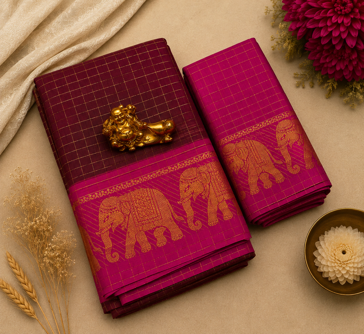 Maroon & Magenta Pink Elephant Zari Border Sungudi Saree
