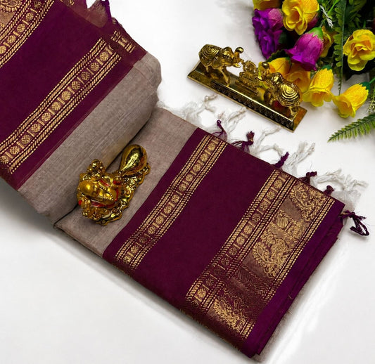 Dusty Pink with Maroon Zari Border Kanchi Cotton Saree
