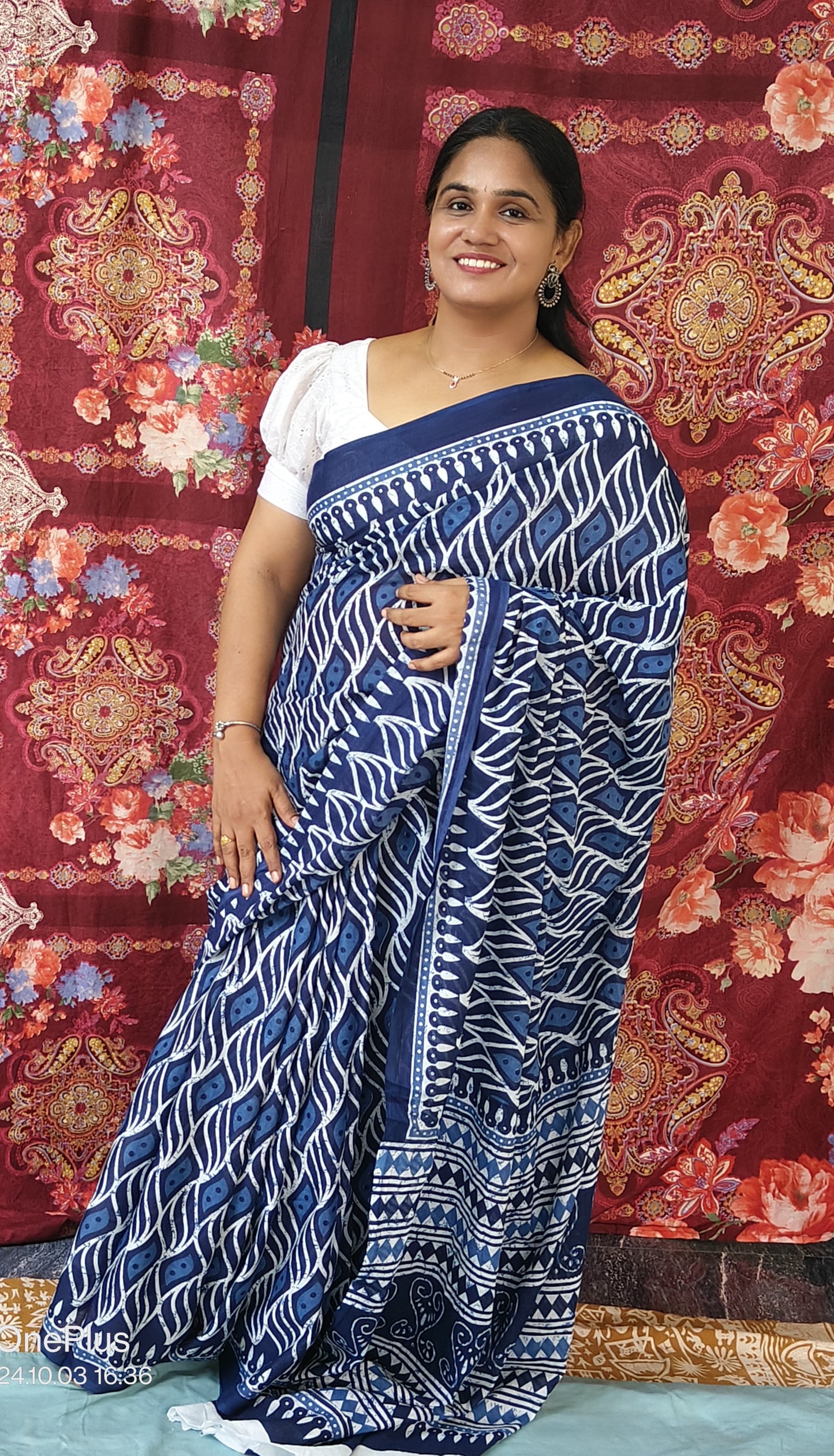 Indigo blue with white printed mul mul cotton saree