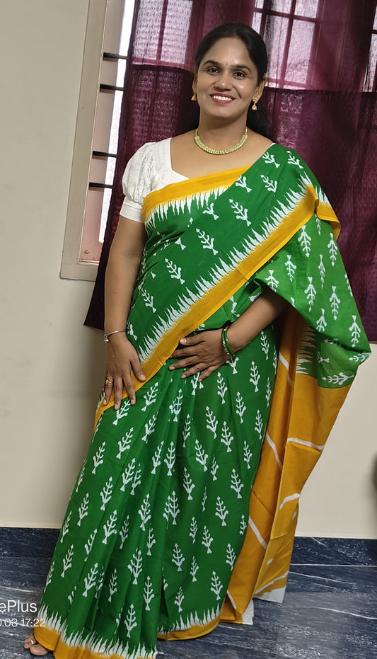 parrot green with yellow border mul mul cotton saree