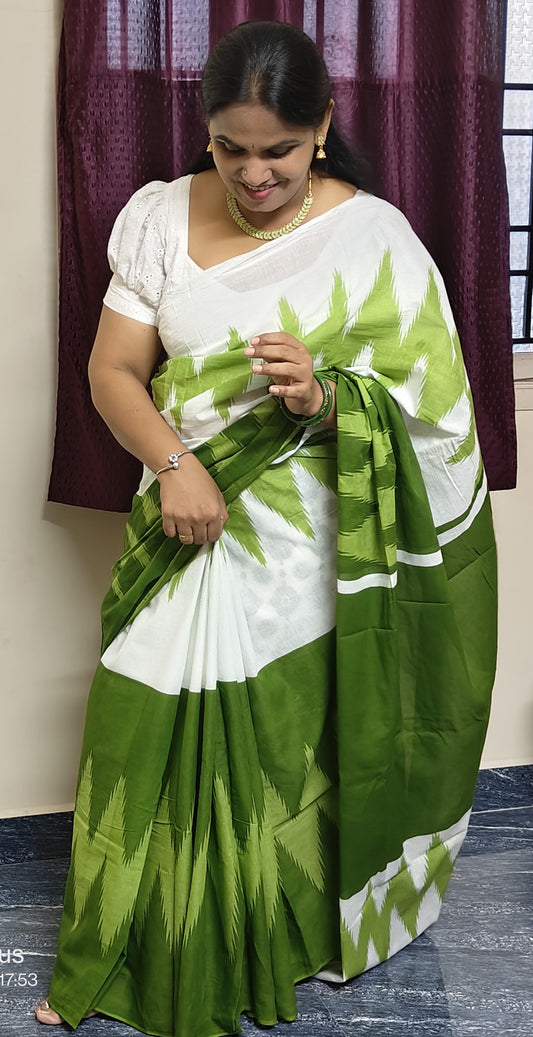 parrot green and white mul mul cotton saree