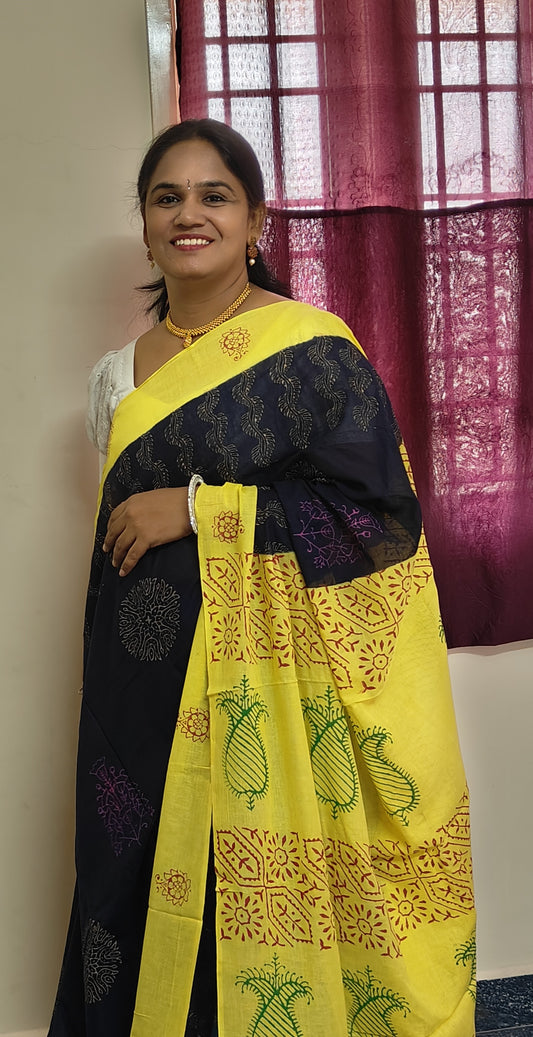 Navy blue with yellow border mul printed cotton saree