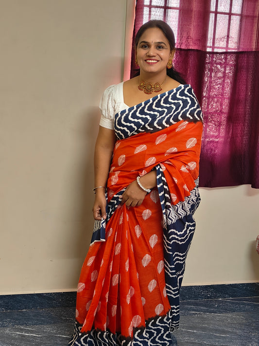 Orange and Navy blue Mul mul cotton saree