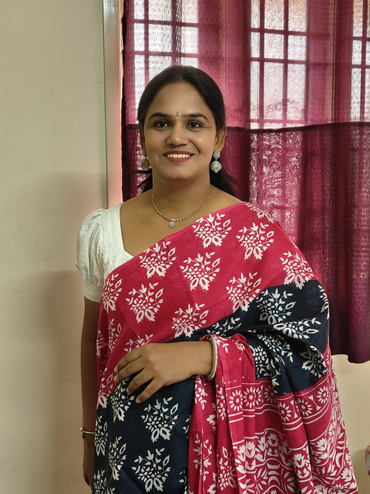 Navy blue with pink printed mul mul cotton saree