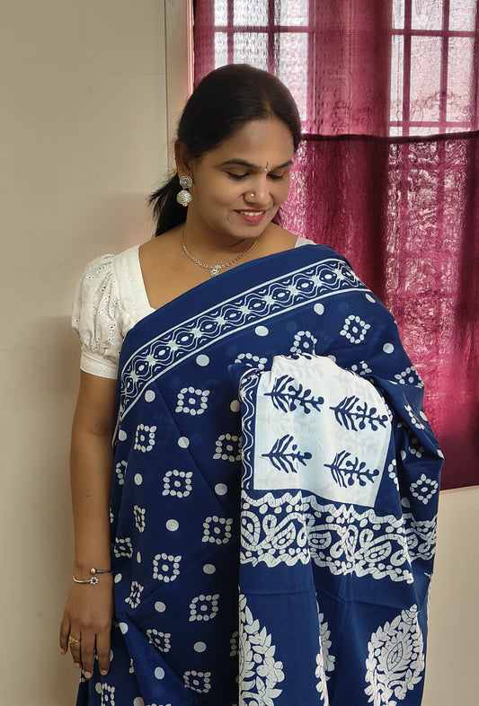 Navy blue with white mul mul printed cotton saree