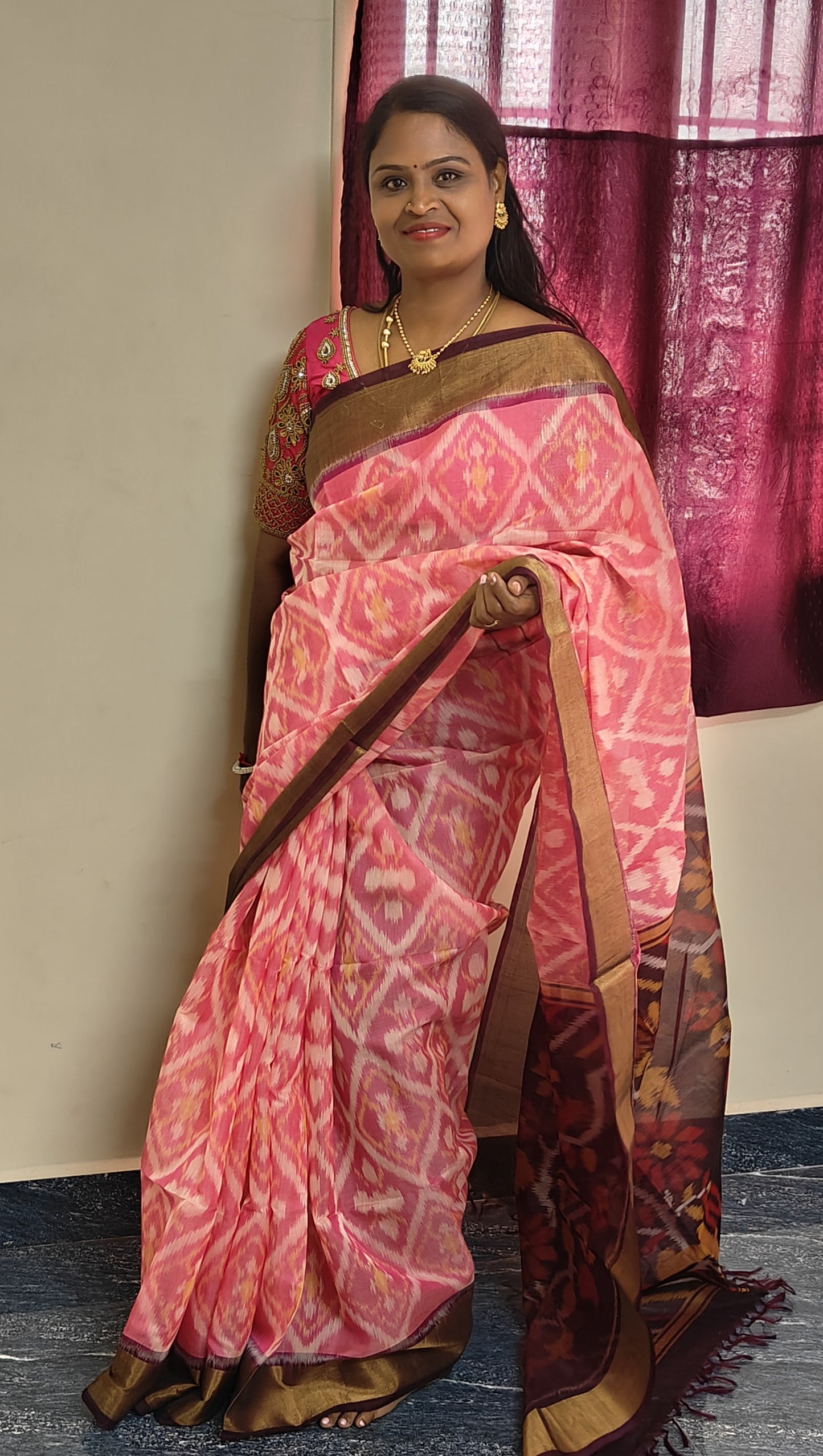 Light pink with maroon border IKKAT pure silk cotton saree