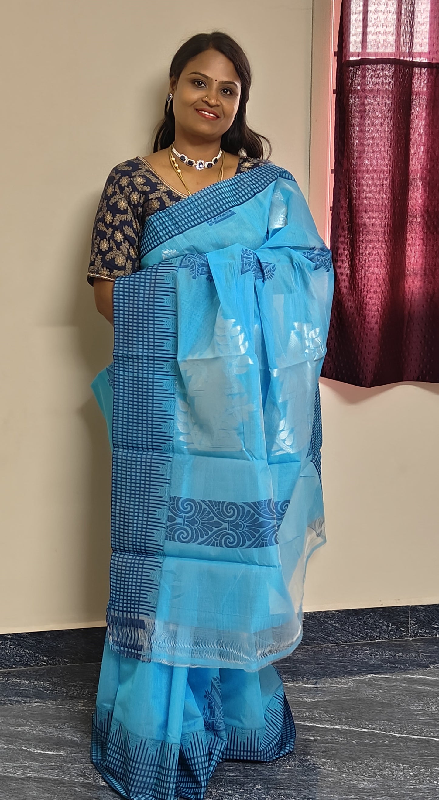 Kanchi semi silk Sky blue with navy blue border saree