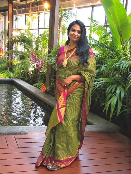 Green and dark pink zari border chettinad cotton saree